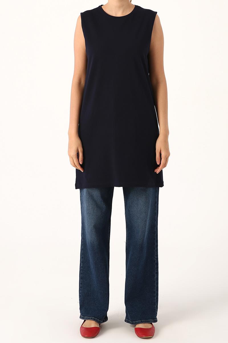 Tunique sans manches à passepoil et col en coton bleu marine
