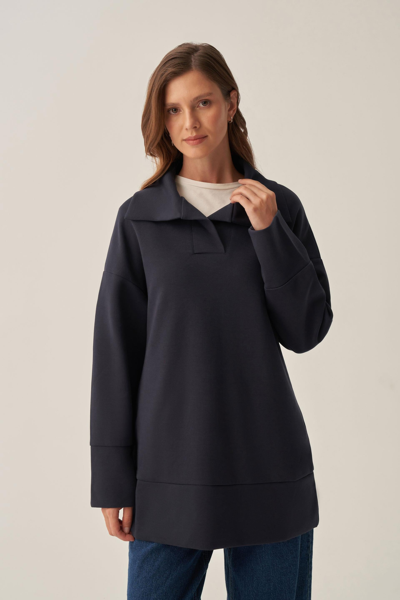 Lacivert-Polo Yaka İnterlok Sweatshirt