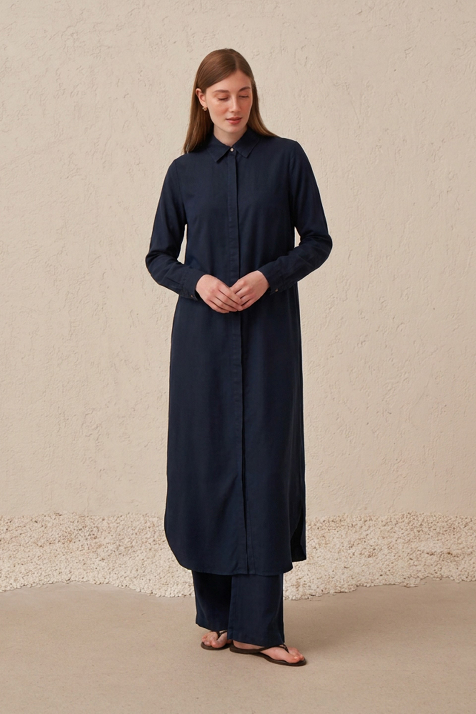 Lacivert-Tensel Denim Gömlek Tunik