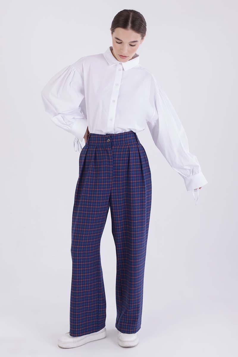 Navy Blue-Orange-Pleated Plaid Patterned Palazzo Trousers