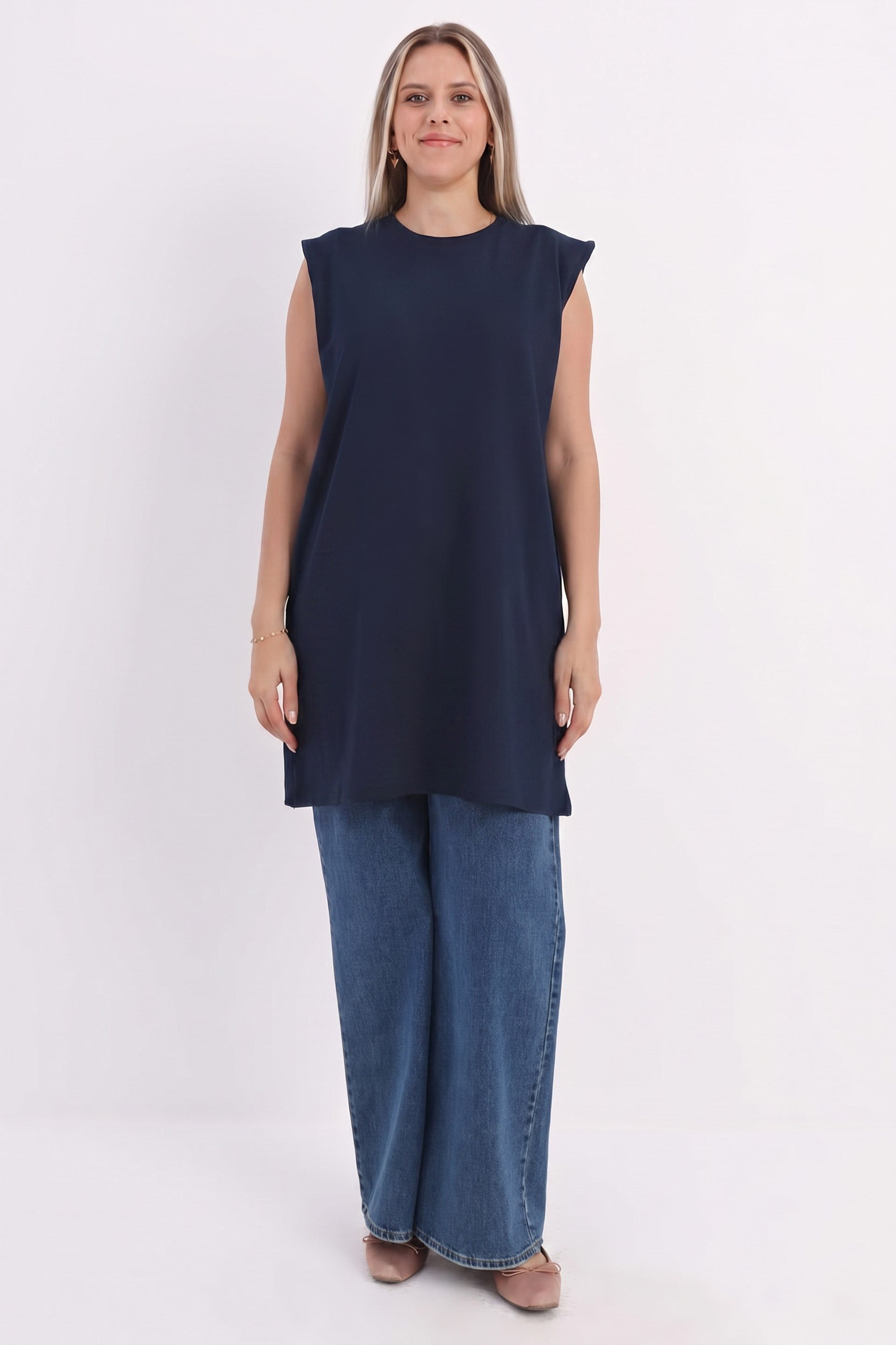 Lacivert-Yaka Biyeli Kolsuz T-Shirt Tunik