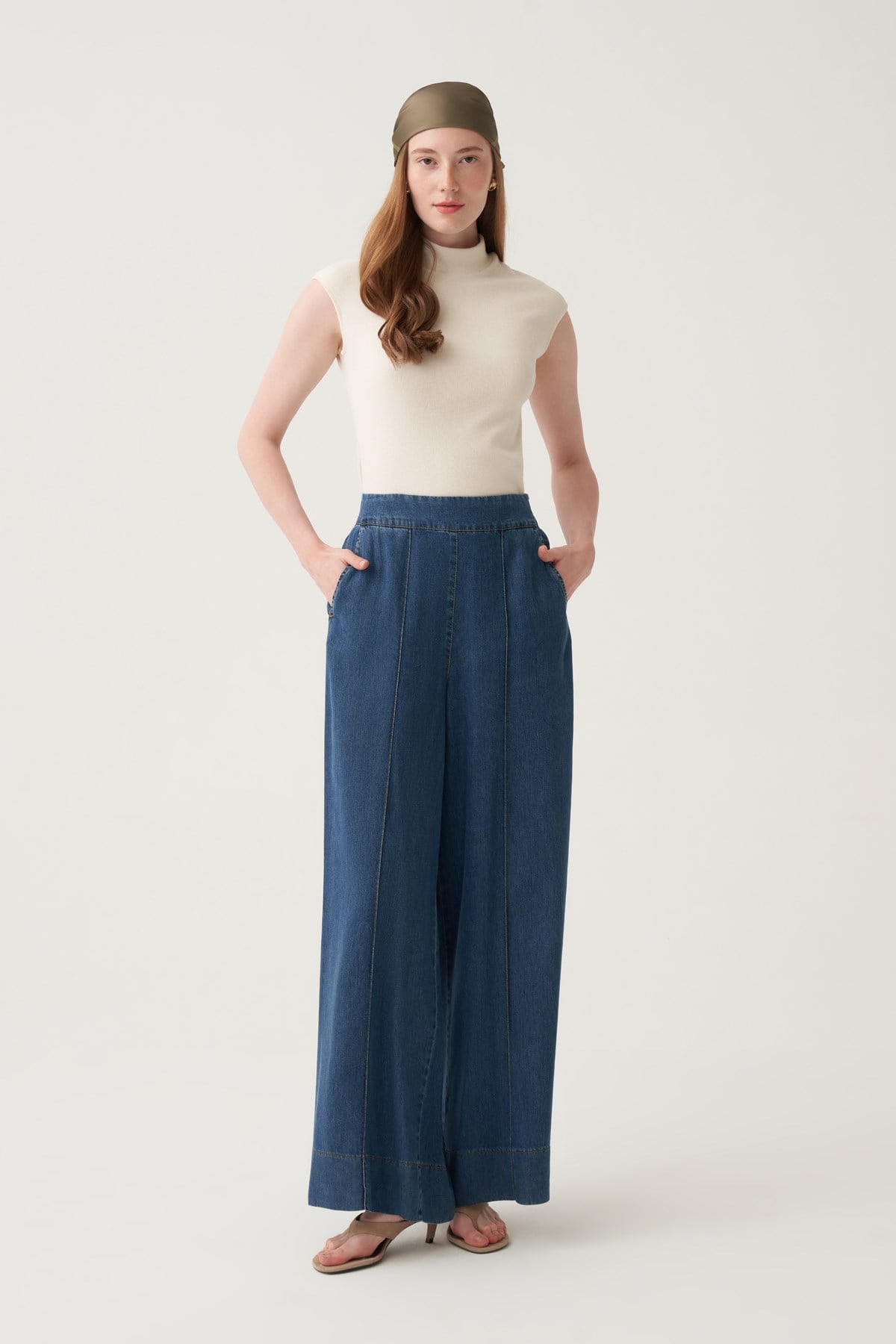Mavi-Bol Paça Denim Tensel Pantolon