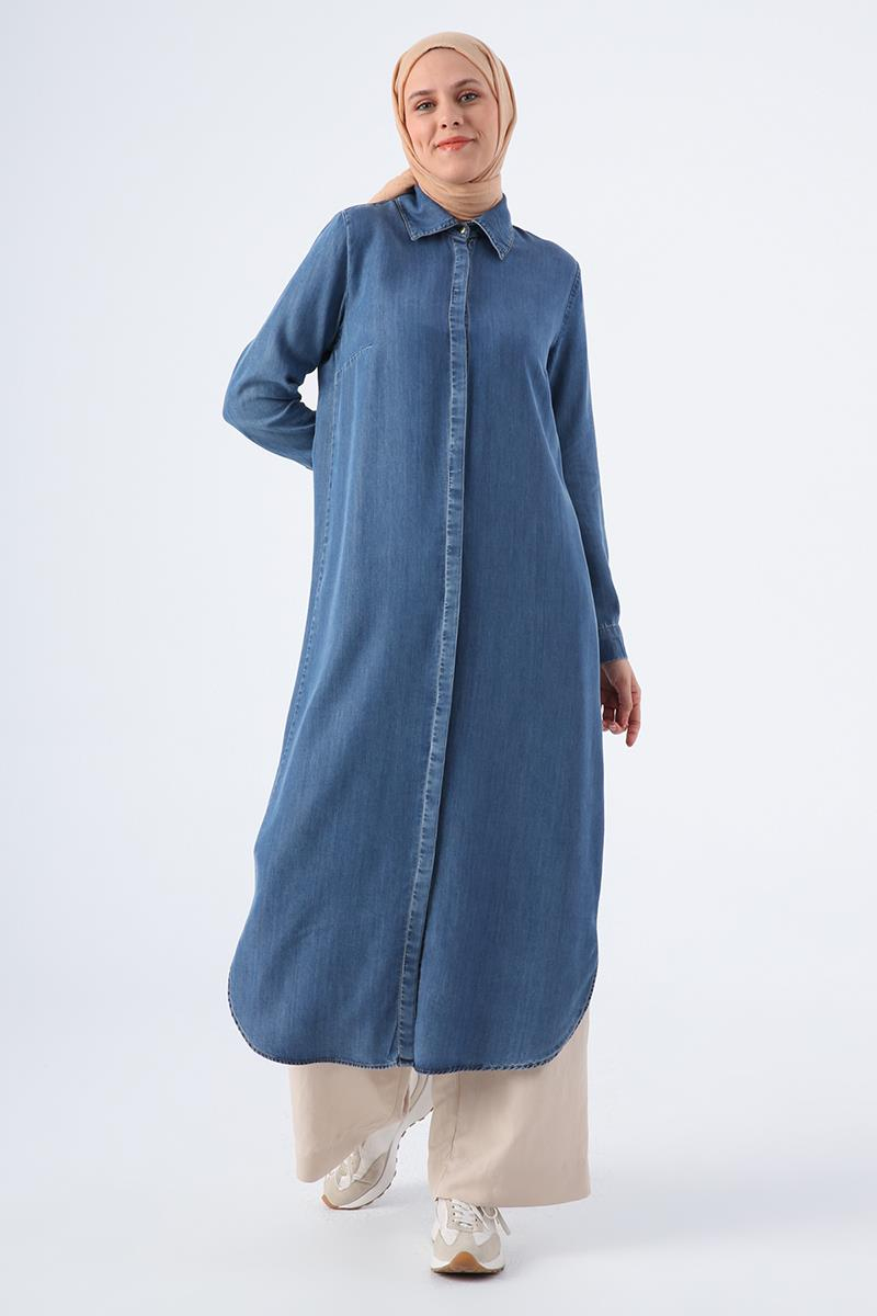 Mavi-Denim Yırtmaçlı Uzun Gömlek Tunik