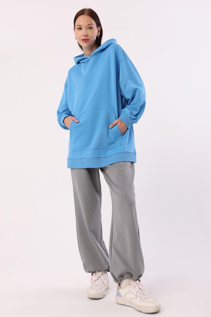 Blue-Kangaroo Pocket Oversize Sweatshirt