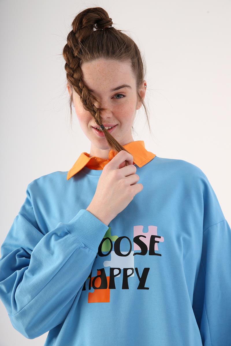 Mavi-Oversize Bisiklet Yaka Baskılı Sweatshirt