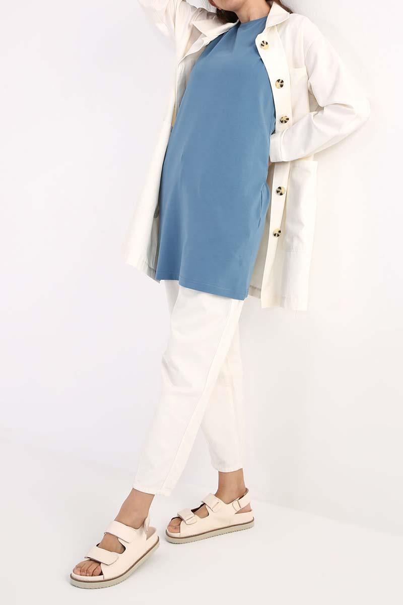 Blue-Cotton Collar Piping Sleeveless Tunic