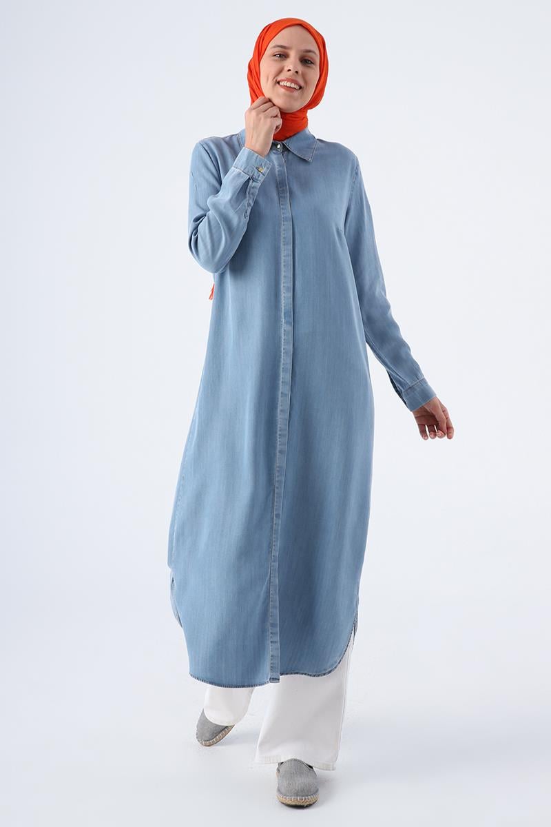 Mavi01-Denim Yırtmaçlı Uzun Gömlek Tunik