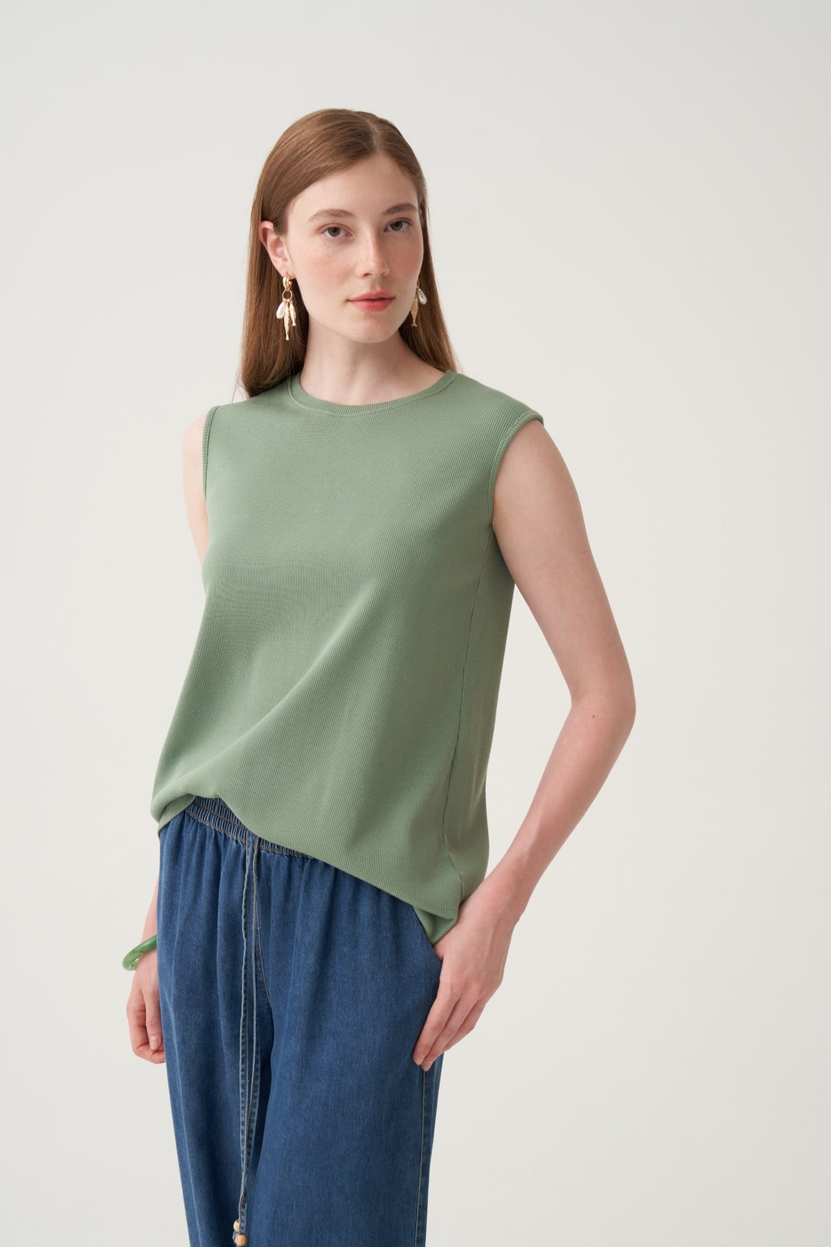 Mint-Pamuklu Fitilli Kolsuz Likralı T-Shirt