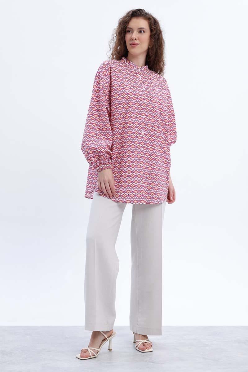Pembe-Beyaz-%100 Pamuklu Desenli Poplin Gömlek Tunik