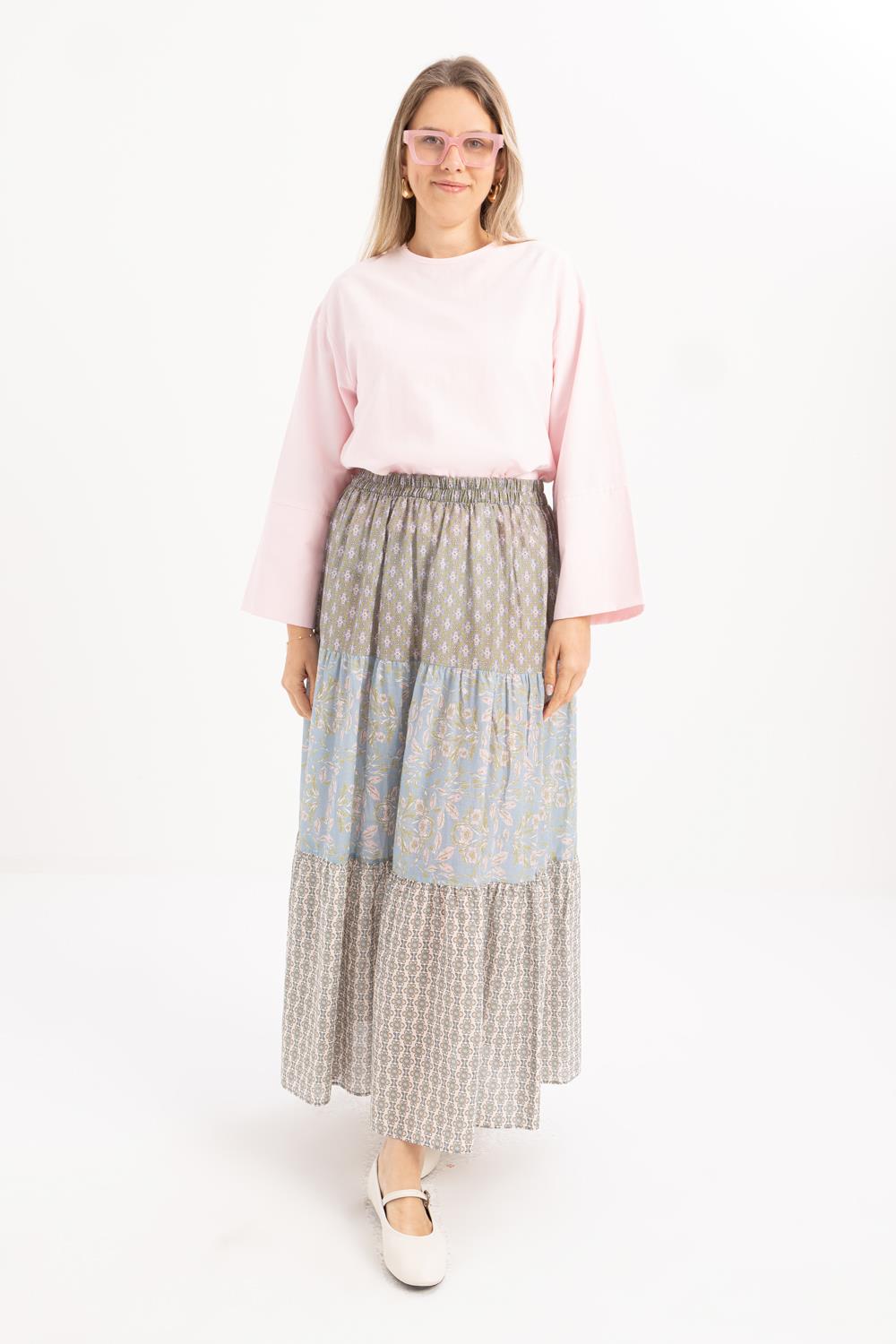 Pink-Blue-Elastic Waist Ruffled Skirt
