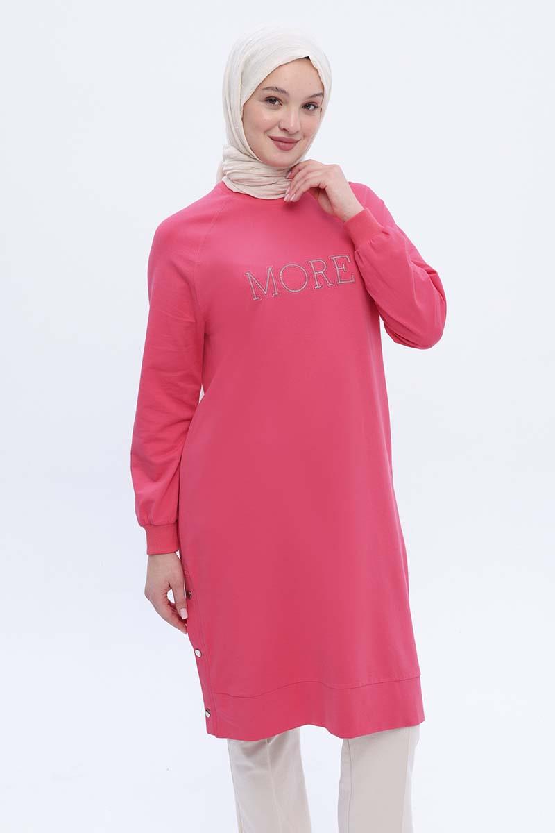 Pembe-Pamuklu Nakışlı Sweat Tunik