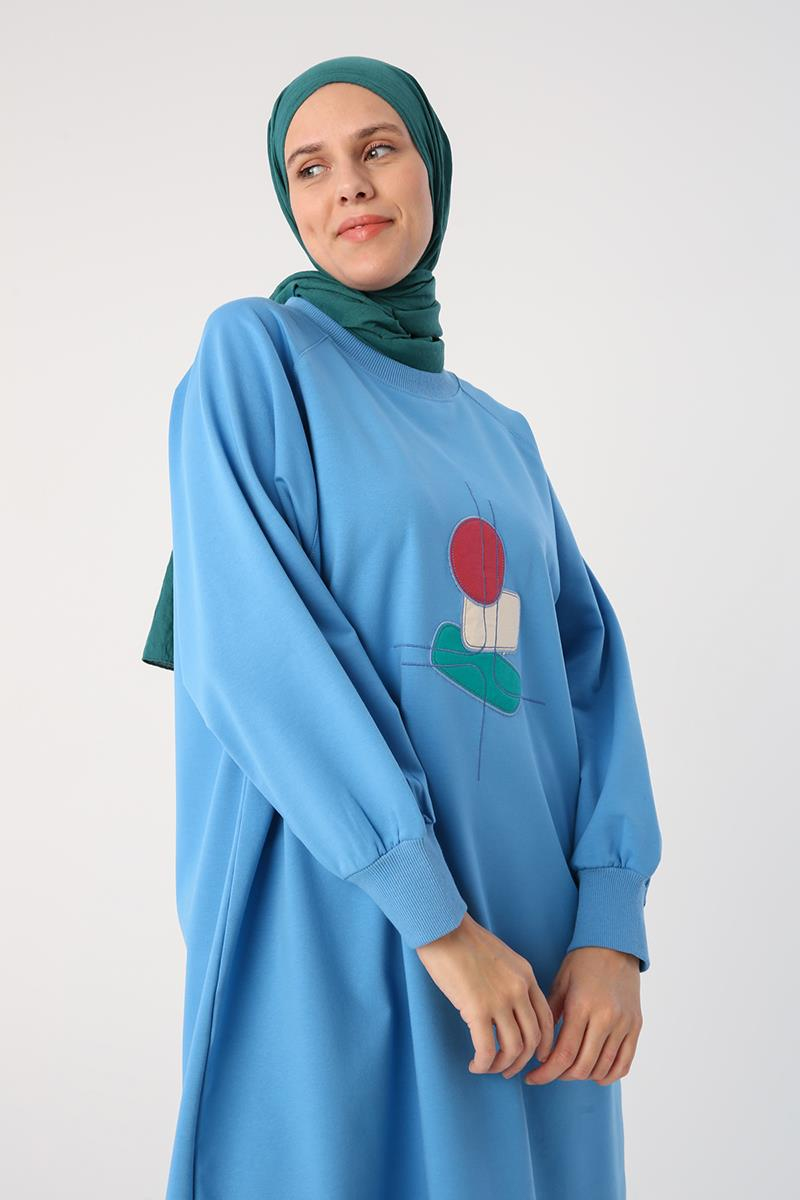 Saks-Aplike Nakışlı Büyük Beden Sweat Tunik