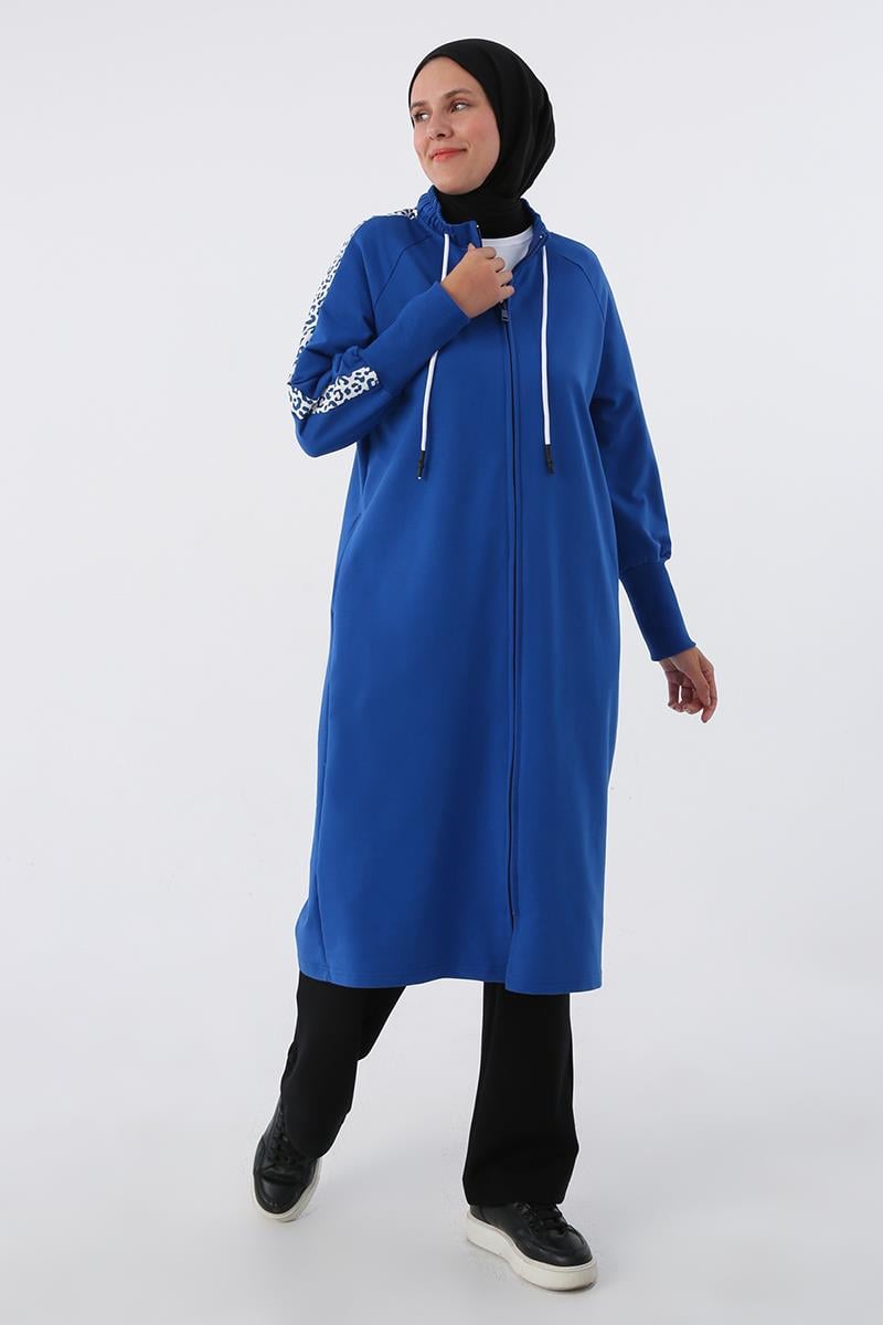 Saks-Baskılı Garnili Yakası Lastikli Uzun Sweat Hırka