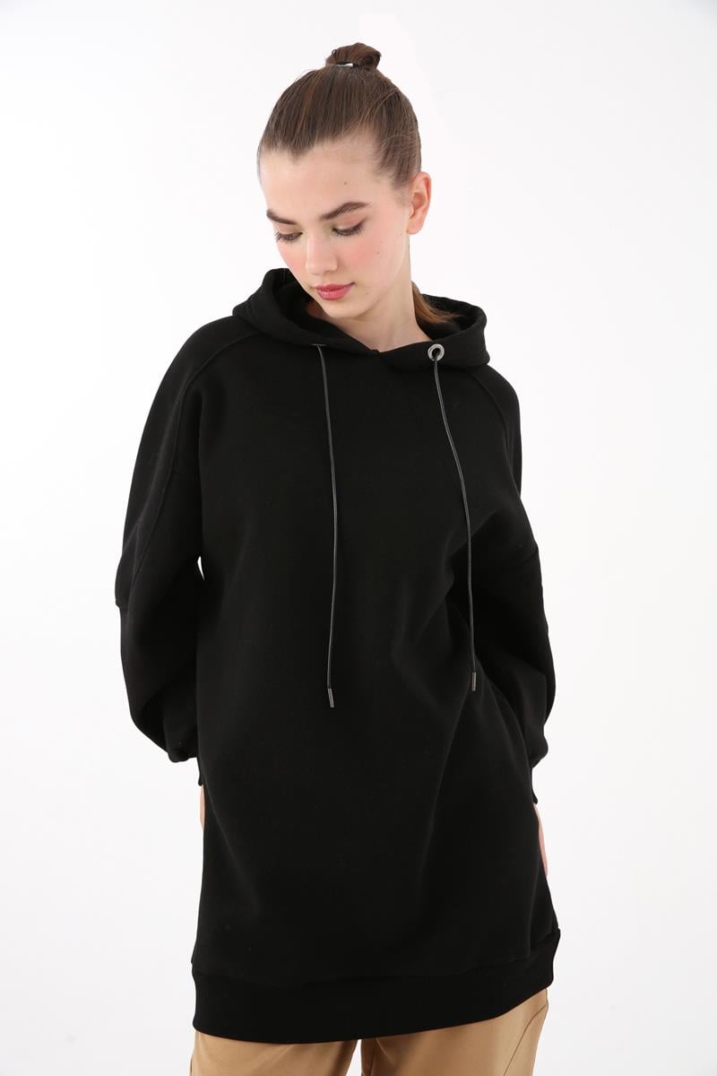 Siyah-Arkası Fermuarlı Kapüşonlu Şardonlu Oversize Sweat Tunik