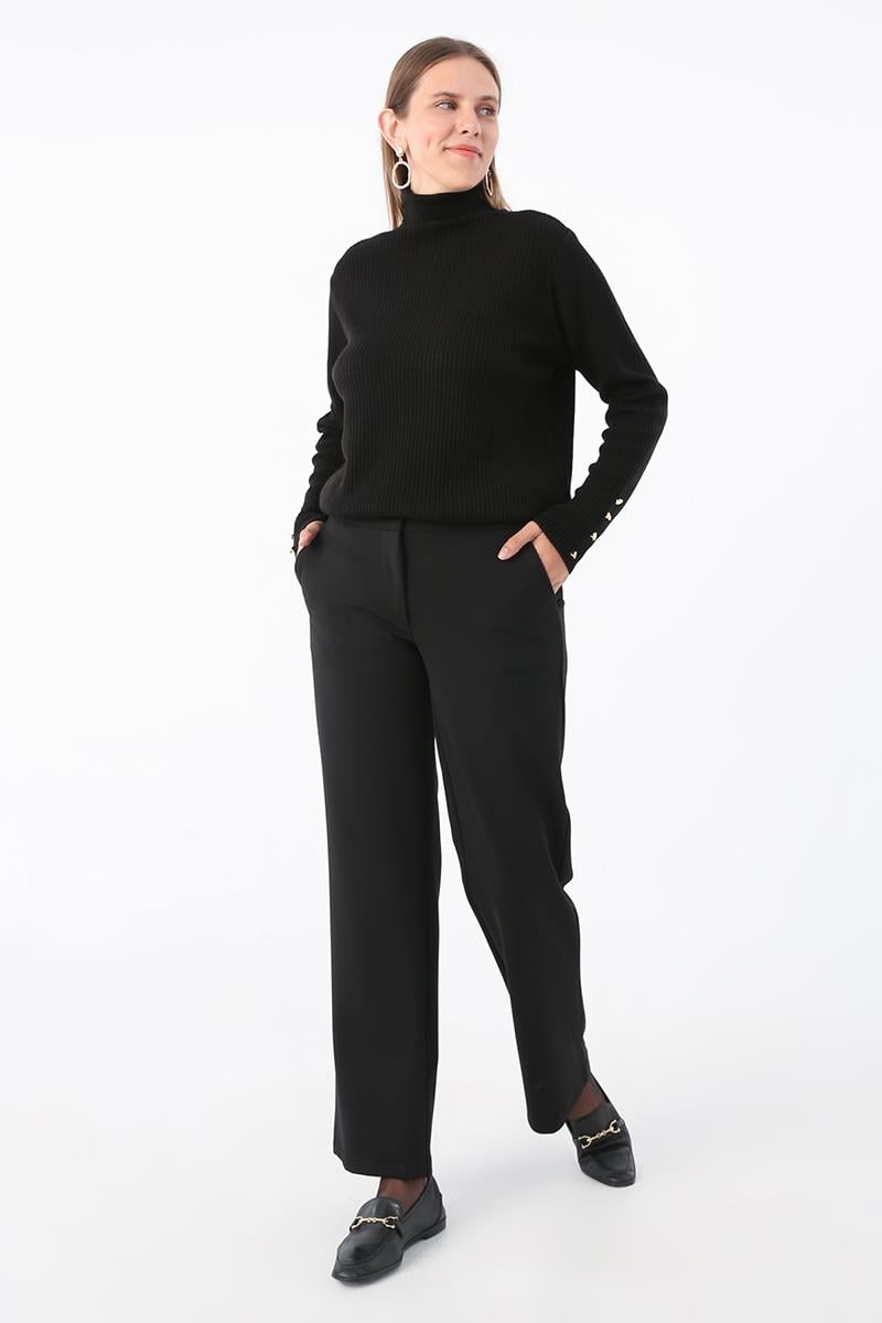 Black-Elastic Back Wide Leg Pocket Trousers
