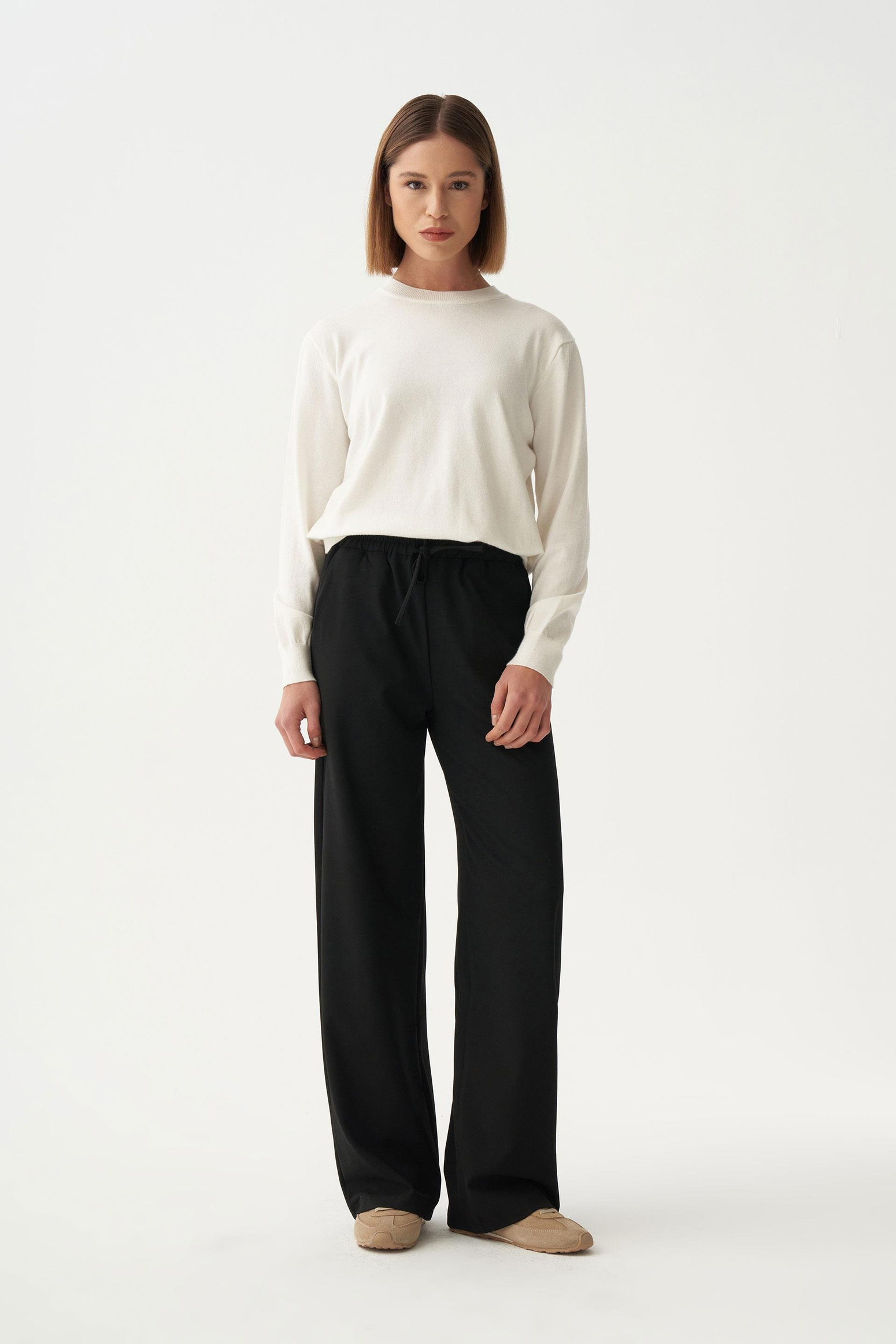 Siyah-Beli Lastikli Rahat Kalıp Polyviscon Pantolon