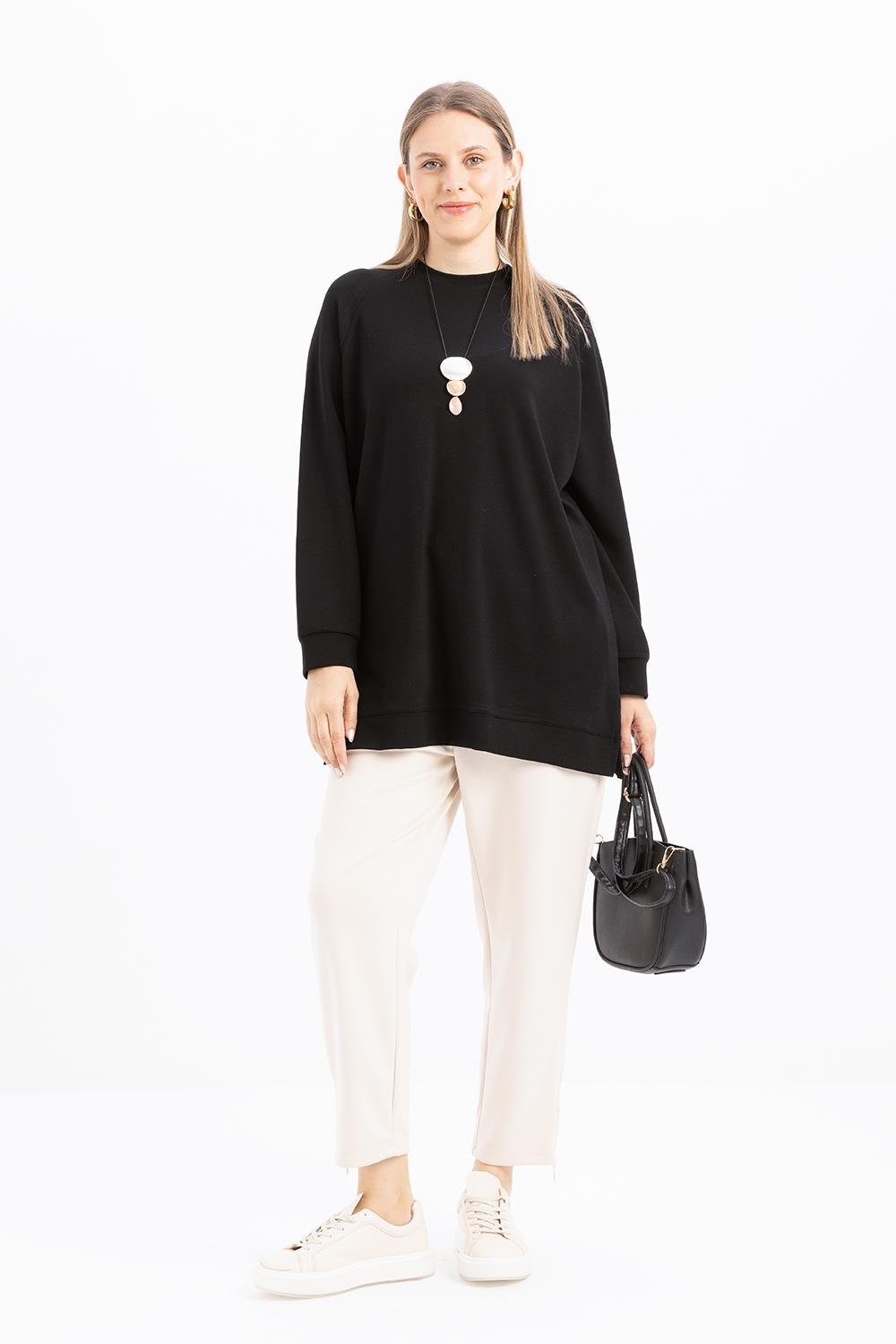 Siyah-Bisiklet Yaka Reglan Kol Sweat