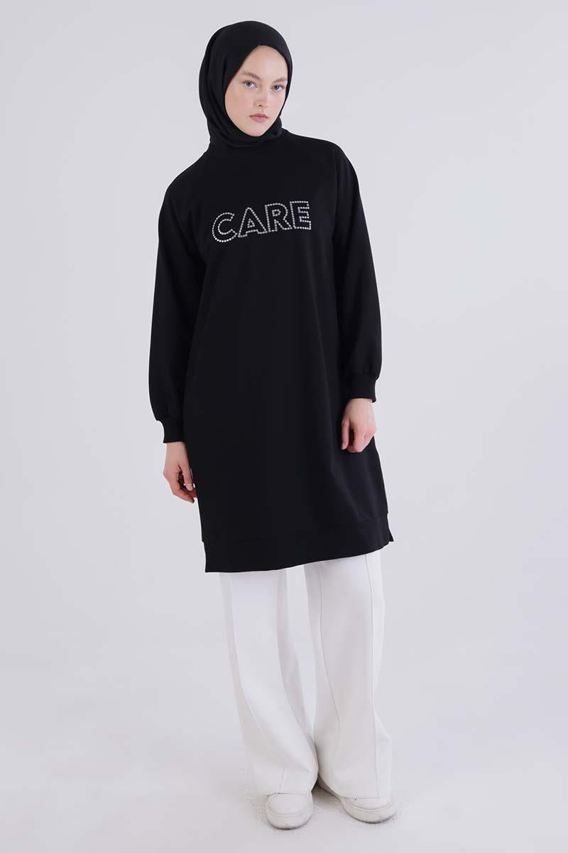 Siyah-Care Nakışlı Örme Sweat Tunik