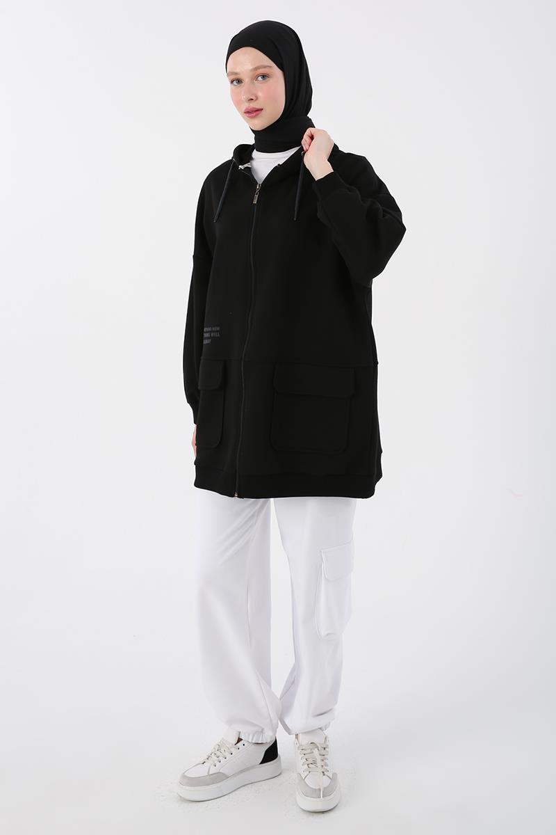 Siyah-Cepli Kapüşonlu Oversize Sweat Hırka