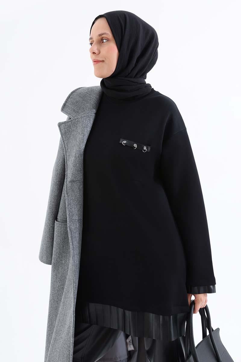 Siyah-Deri Detaylı Tunik