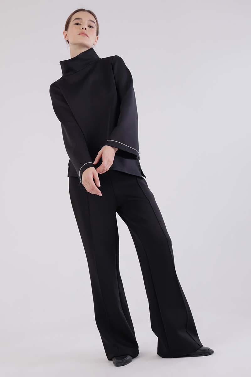 Black-High Collar Sleeve Slit Scuba Blouse