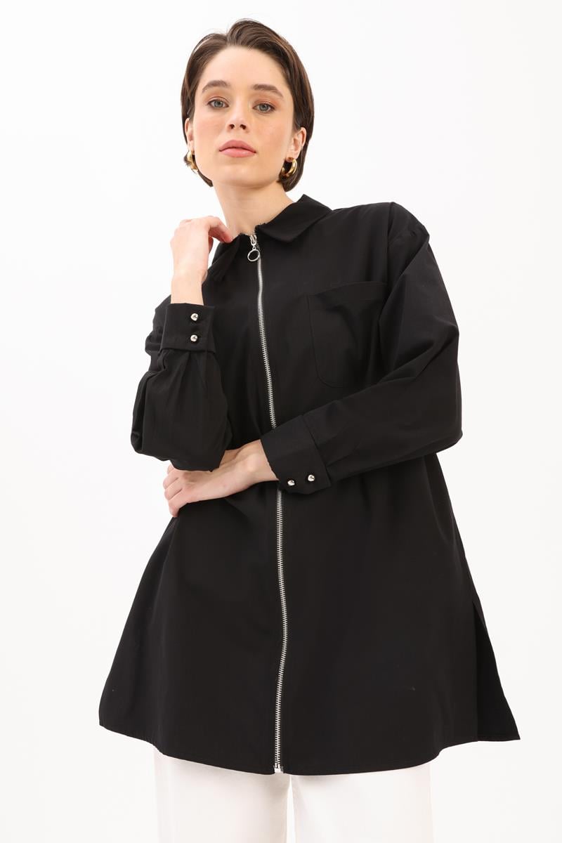 Siyah-FERMUARLI MANŞETİ DUBLELİ GÖMLEK TUNİK