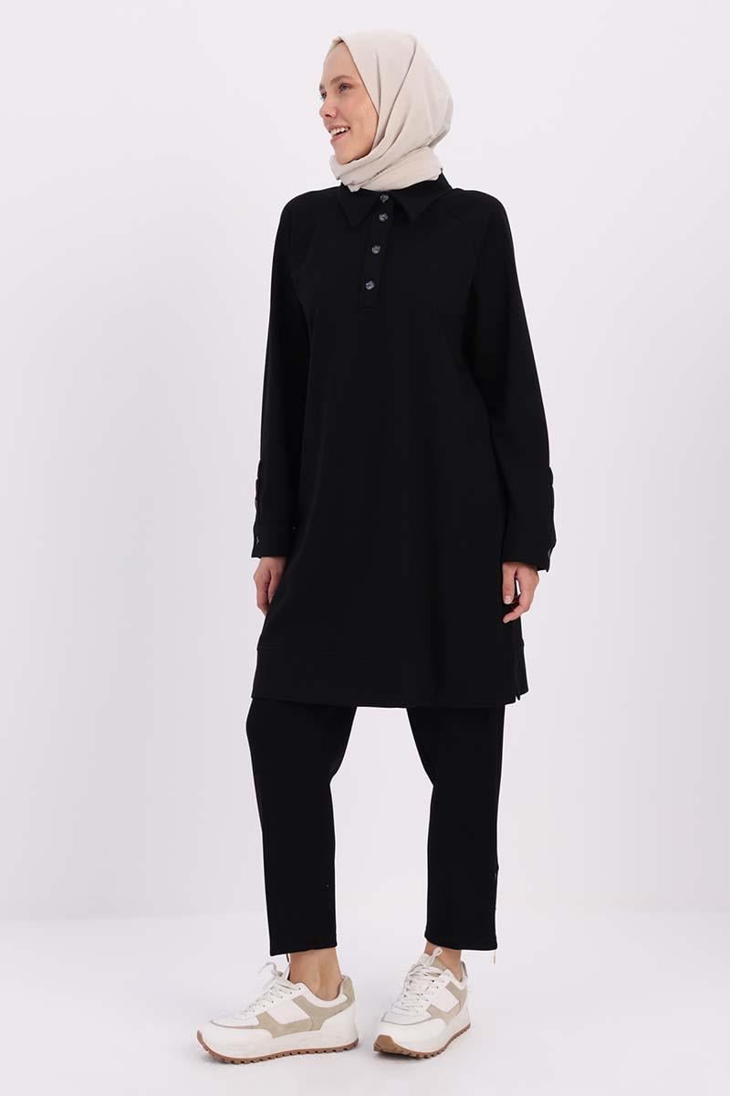 Siyah-GÖMLEK YAKA YARIM PATLI YIRTMAÇLI TUNİK