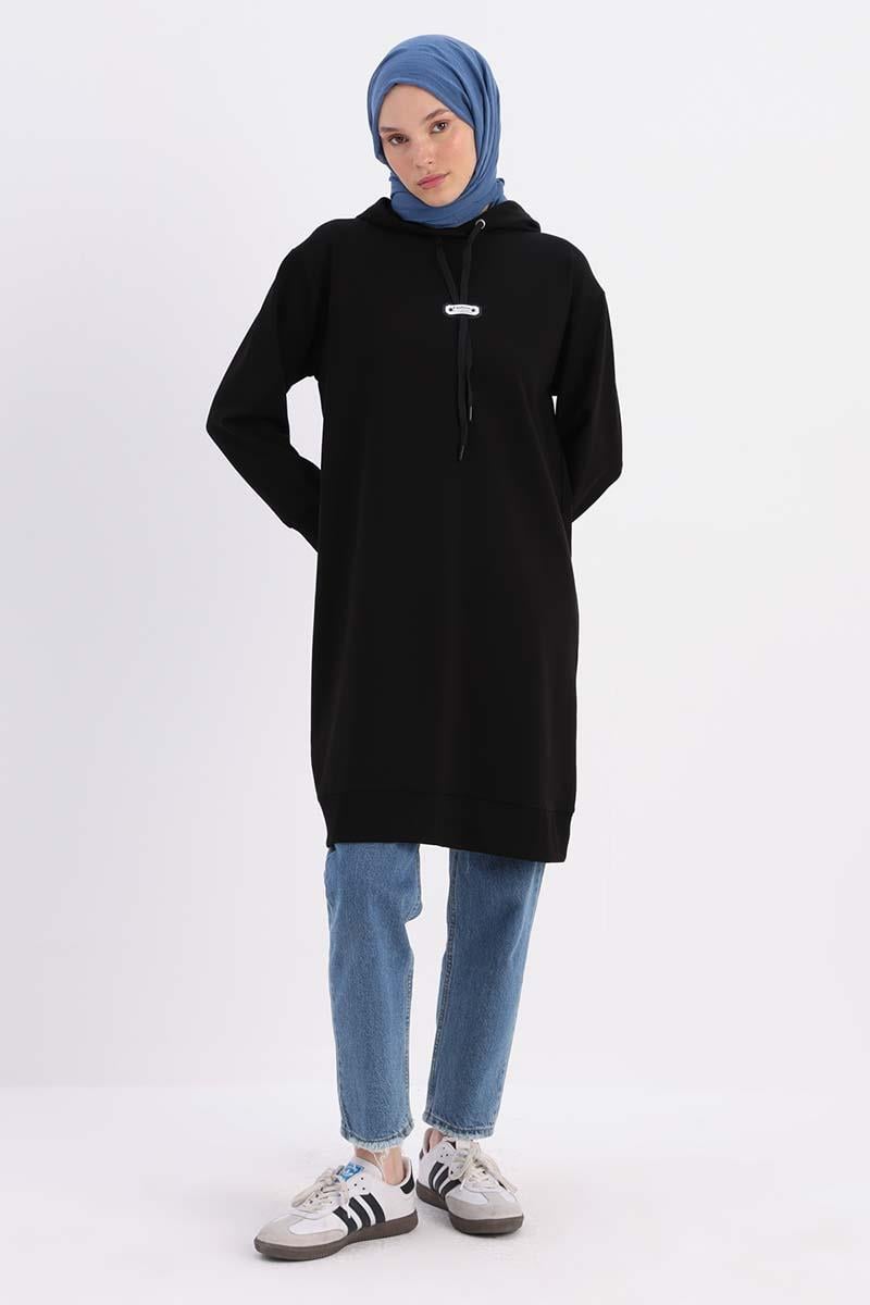 Siyah-Kapüşonlu Deri Aplikeli Sweat Tunik