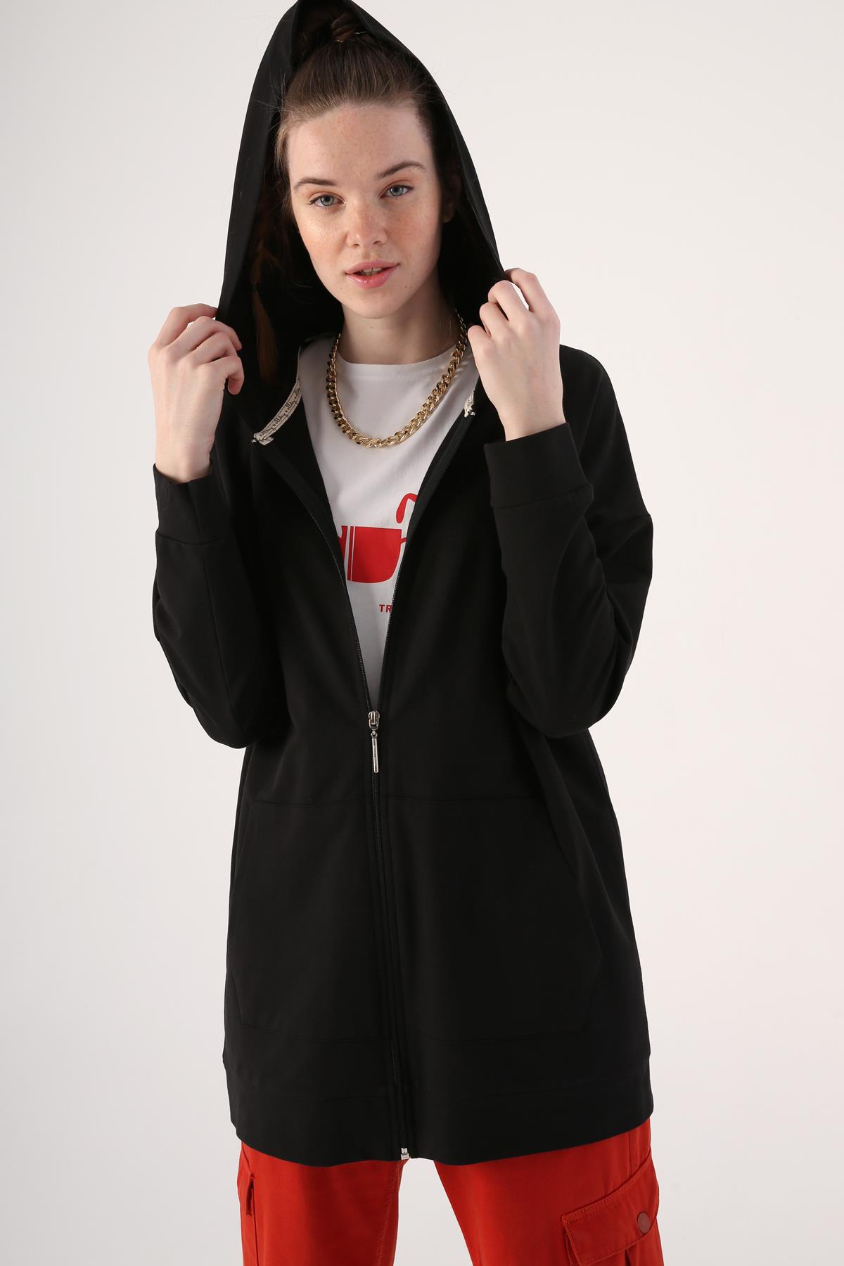 Siyah-Kapüşonlu Sweat Hırka