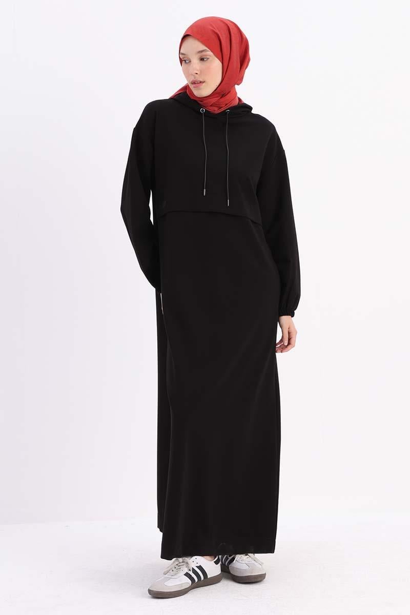 Black-Elastic Sleeve End Hooded Dress with Pockets