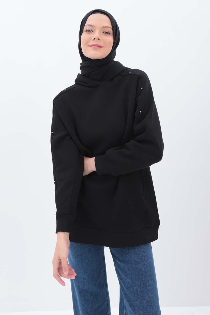 Siyah-KOLLARI TAŞLI KAPÜŞONLU SWEAT TUNİK