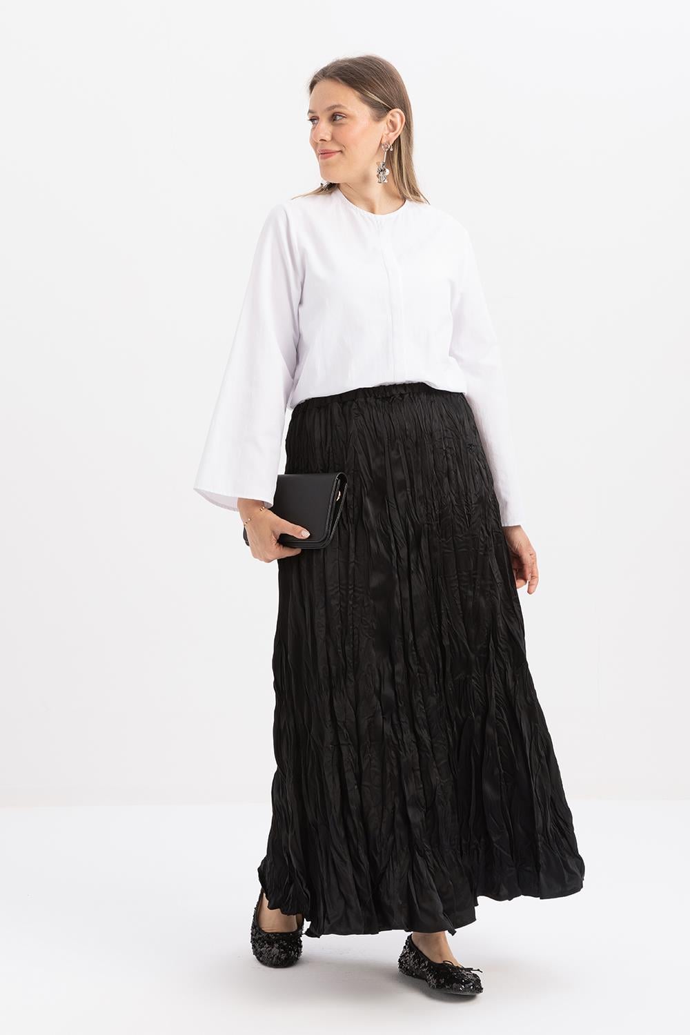 Black-Elastic Waist Basic Skirt