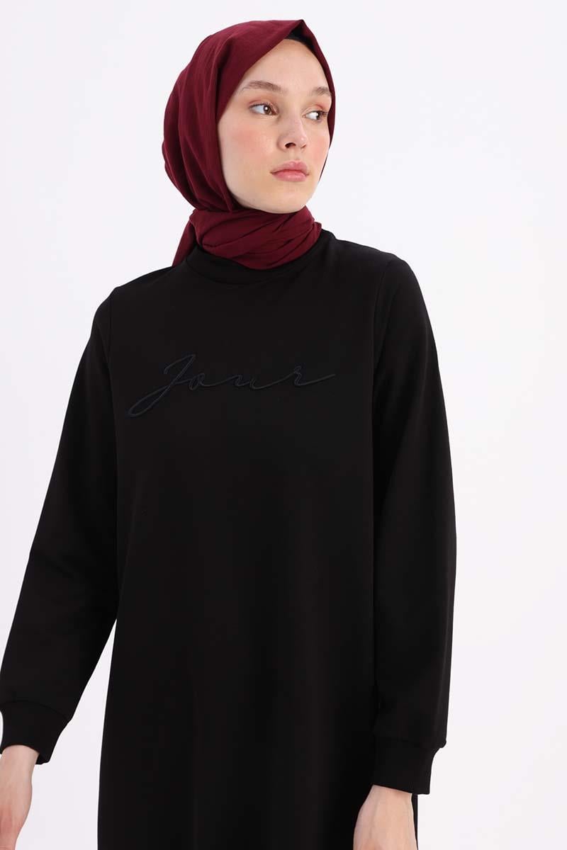 Siyah-Nakışlı Pilikaşeli Sweat Tunik