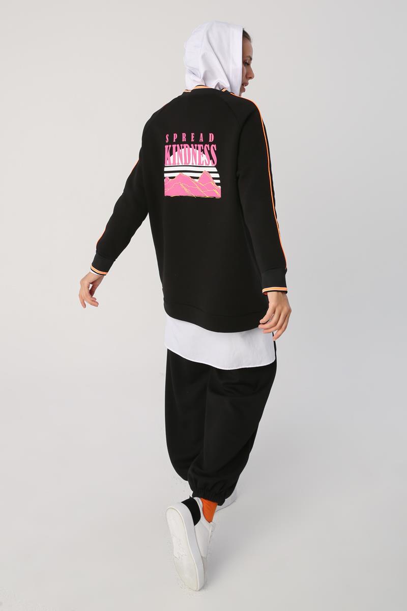Siyah-Oversize Neon Detaylı Arkası Baskılı Şardonlu Sweatshirt