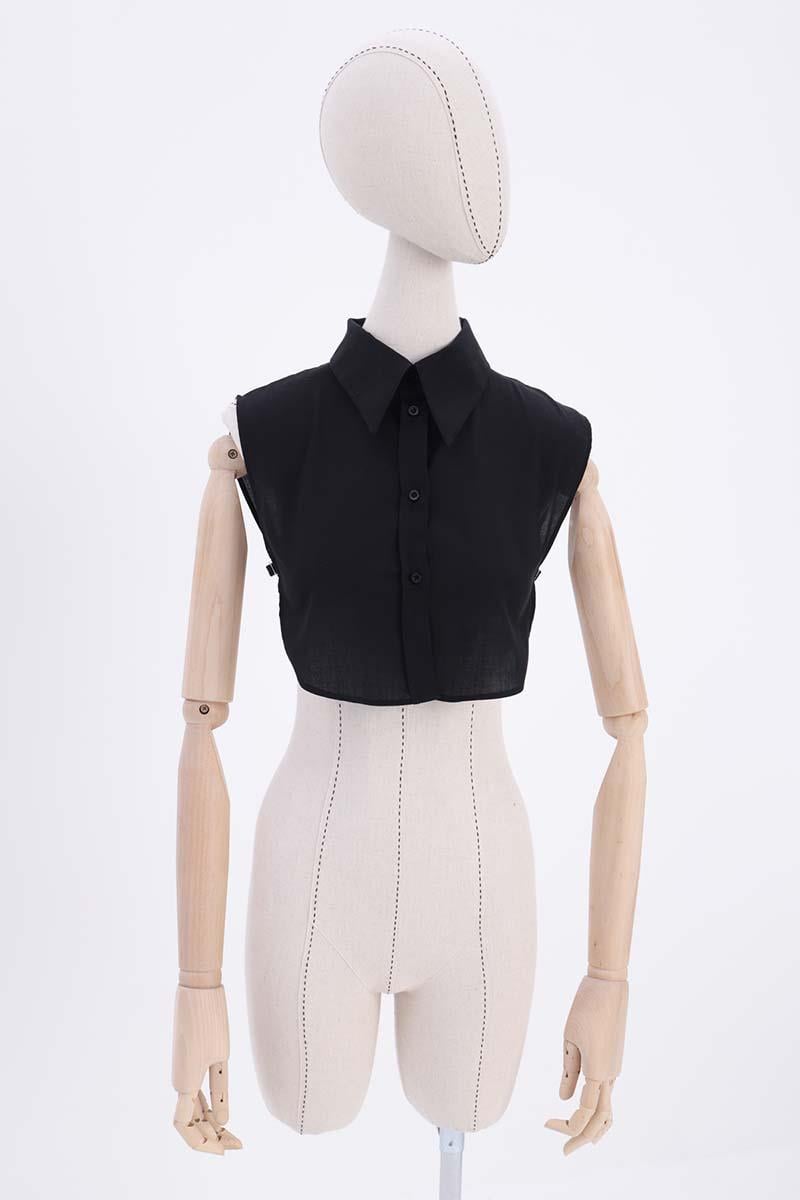 Black-Cotton Sleeveless Shirt Collar Buttoned Crop Underlayer