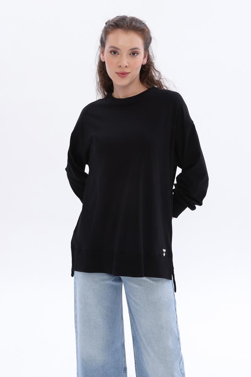 Siyah-Pamuklu Yandan Yırtmaçlı Sweatshirt