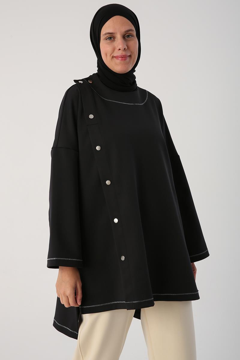 Siyah-Sim Dikişli Çıtçıtlı Oversize Tunik