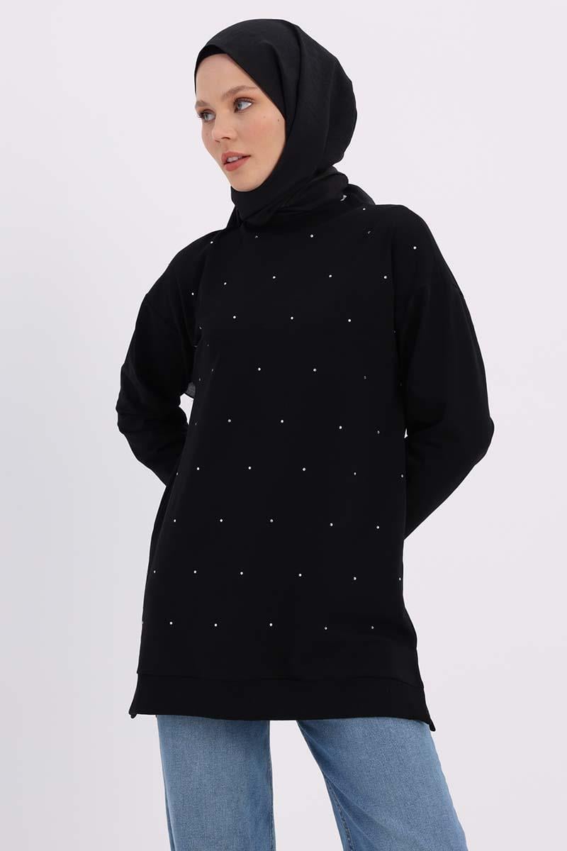 Siyah-Taşlı Sweat Tunik