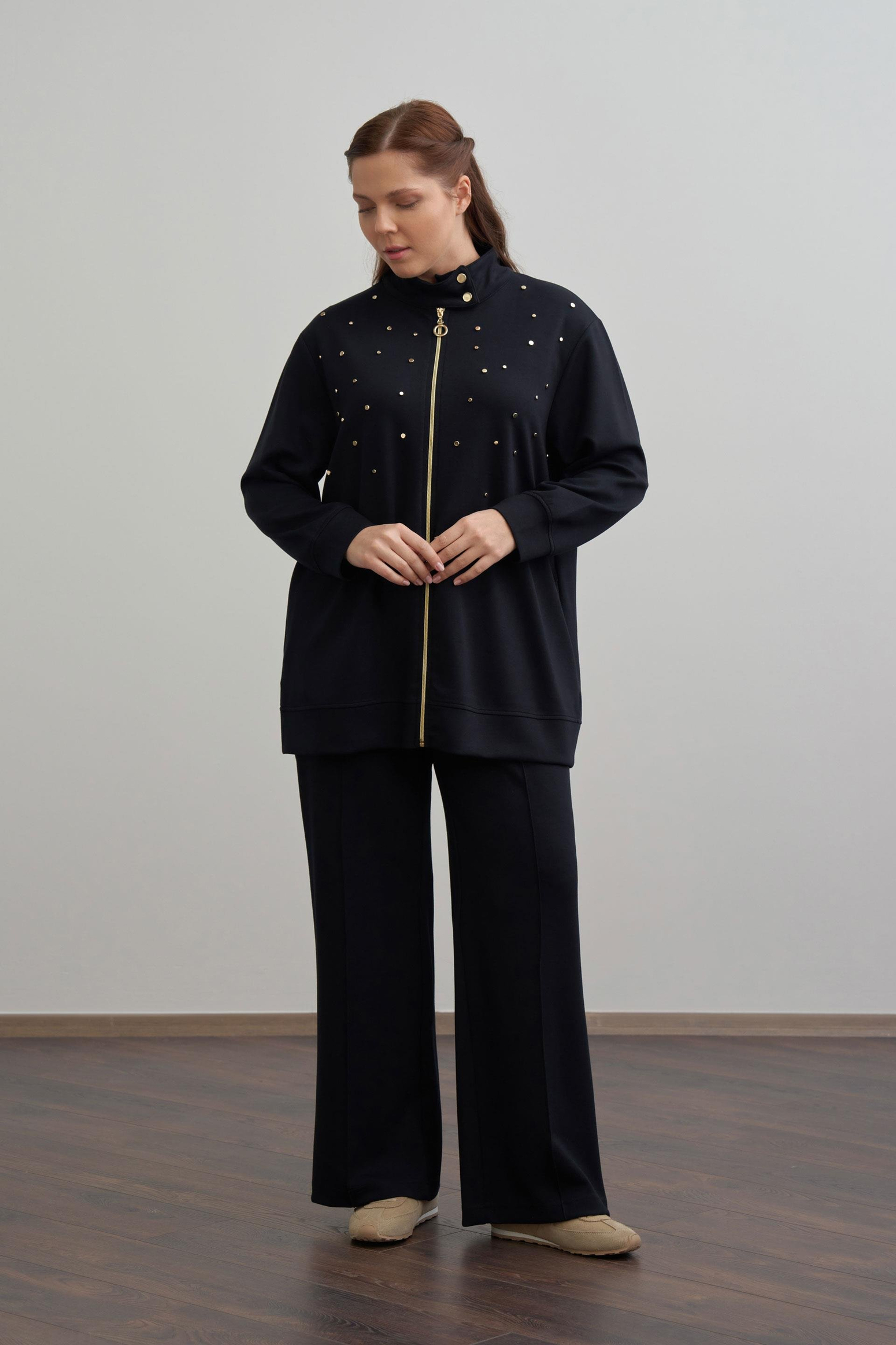 Siyah-Yumuşak Dokulu Büyük Beden Droplu Eşofman Takımı