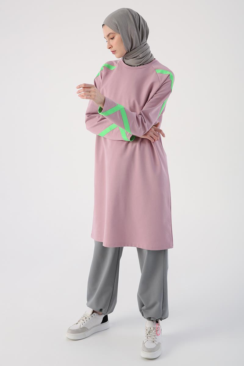 Soft Lila-Neon Şerit Detaylı Sweat Tunik