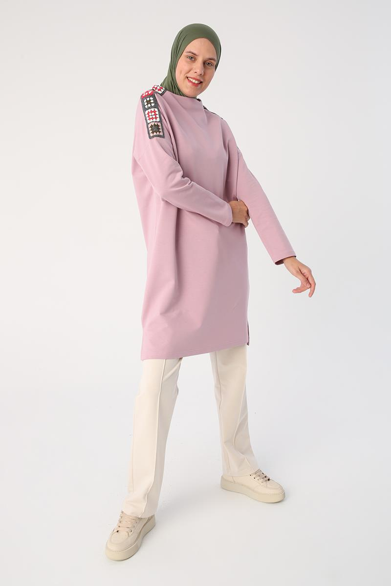 Soft Lila-Oversize Renkli Motifli Örme Tunik
