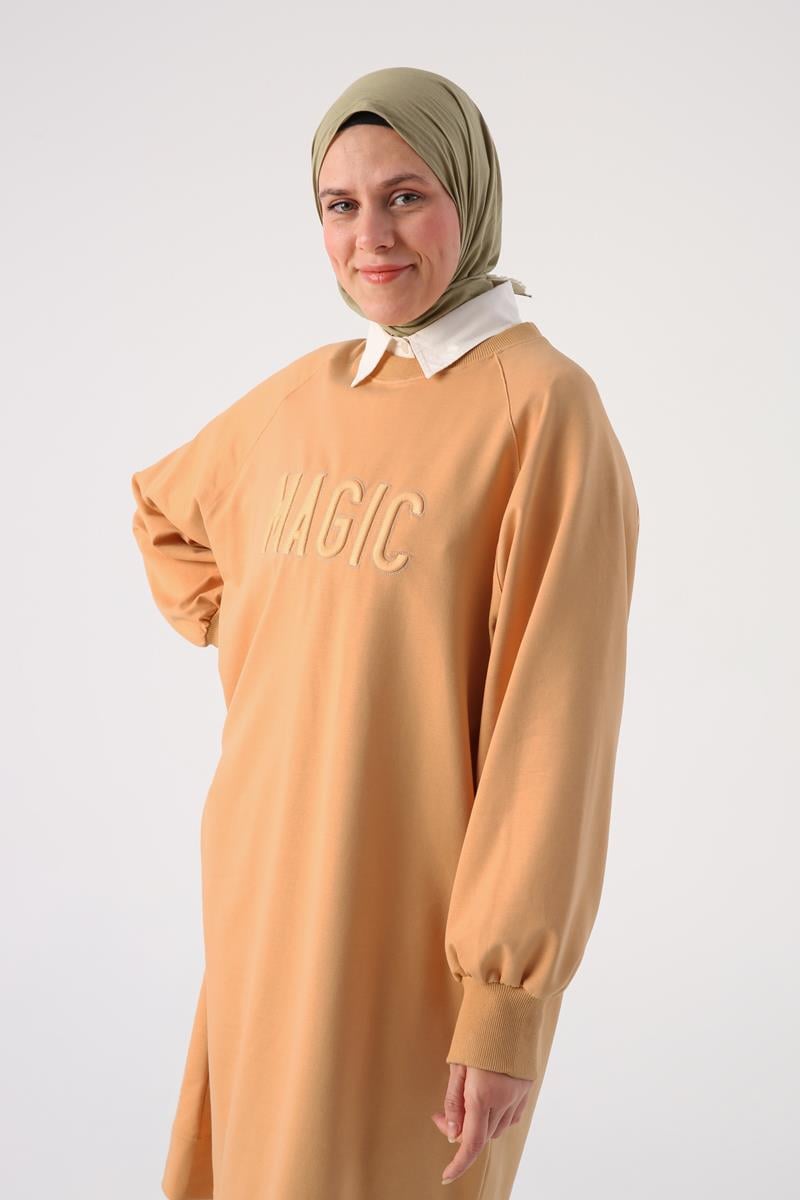 Soft Sarı-Büyük Beden Nakışlı Sweat Tunik