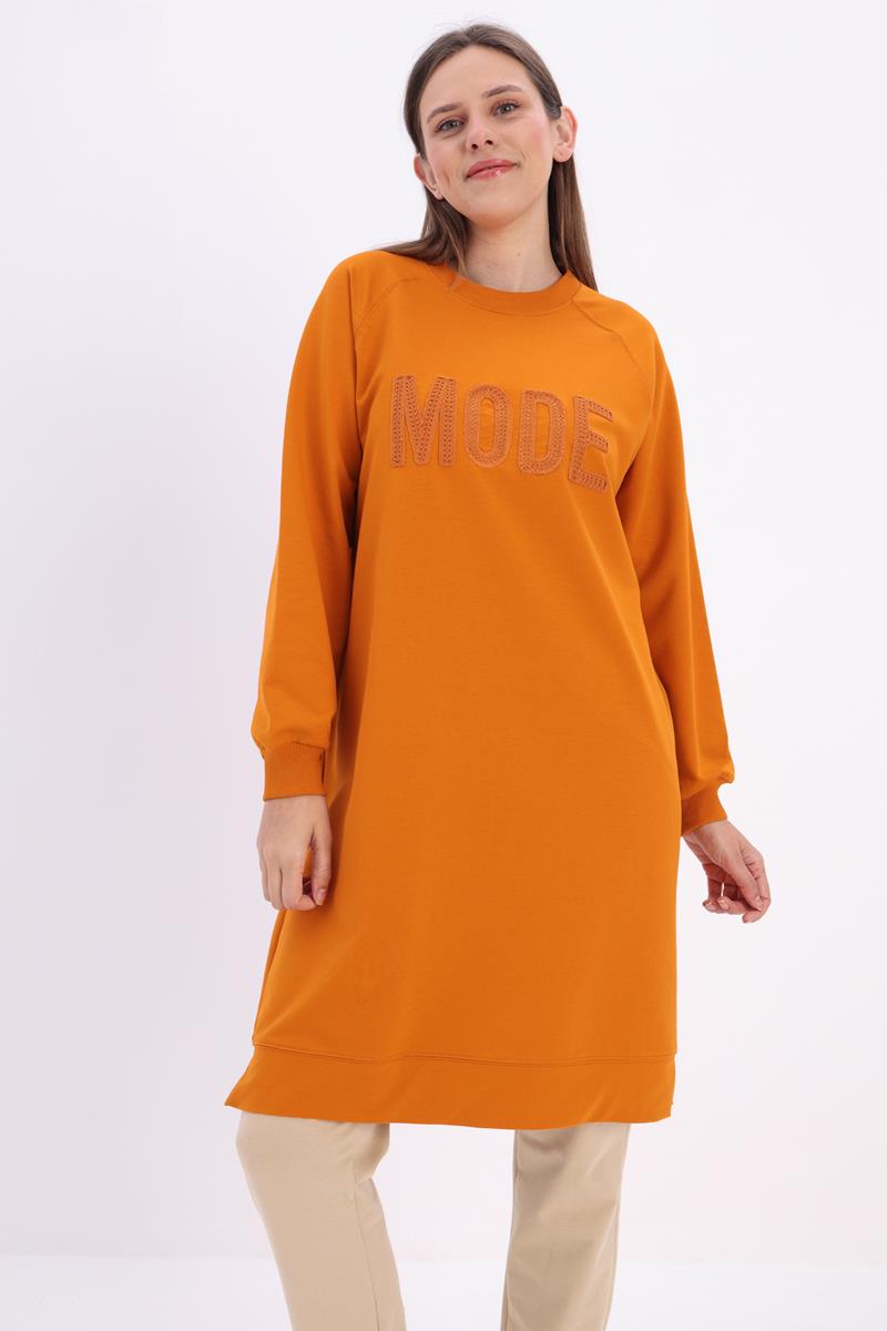 Soft Turuncu-Mode Nakışlı Reglan Kol Tunik