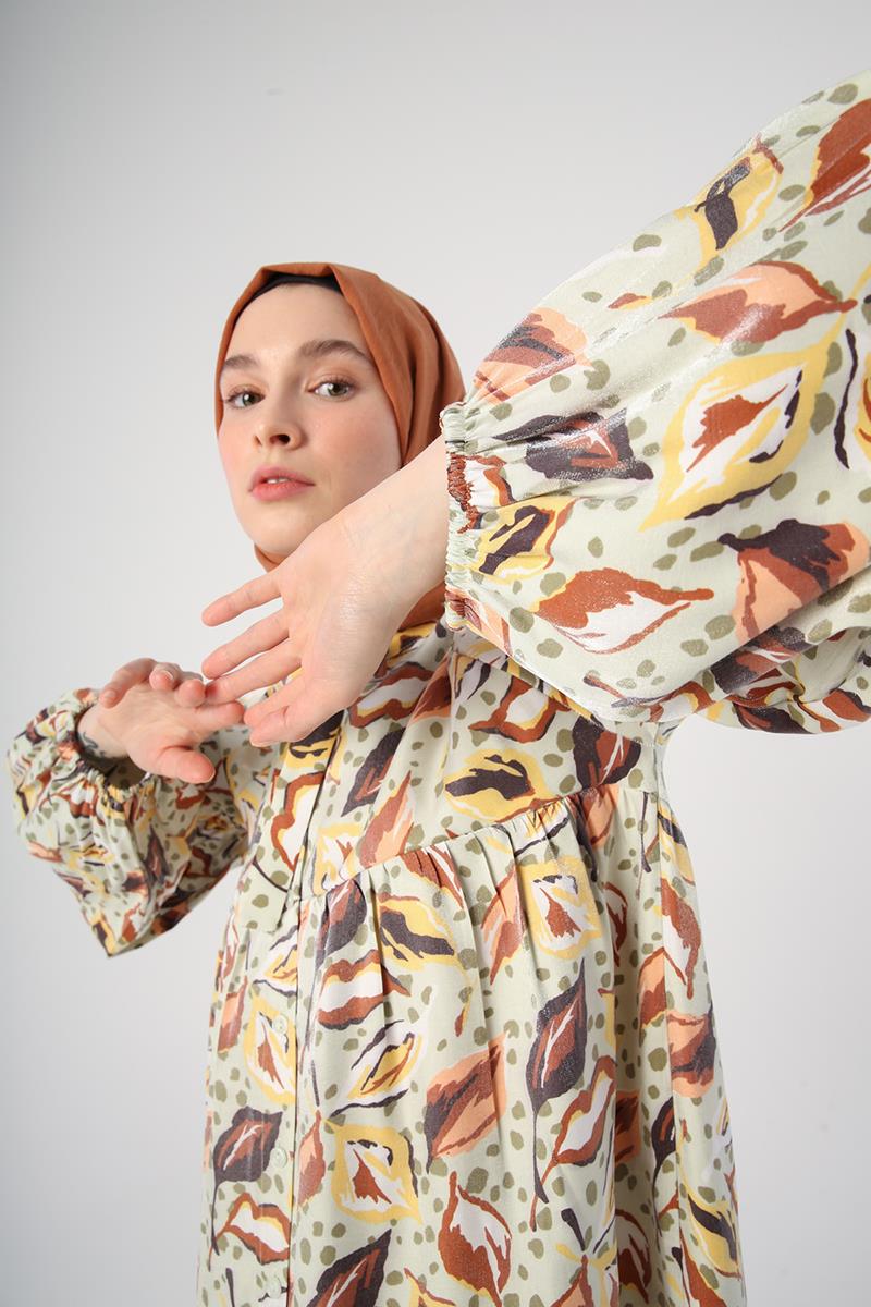 Water Green-Brown-Scarf Neck Printed Pattern Sparkly Dress