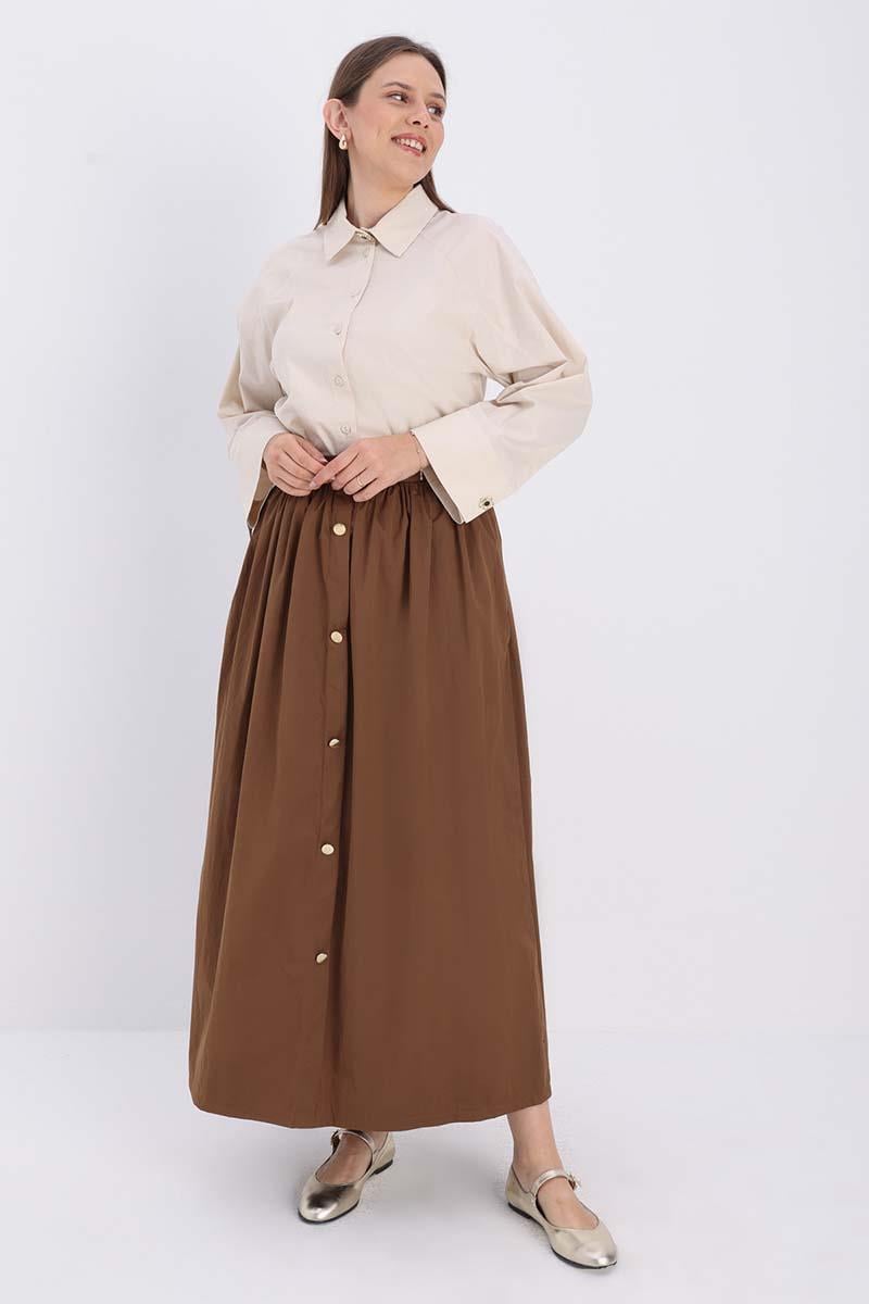 Tan-Button Detailed Pleated Skirt