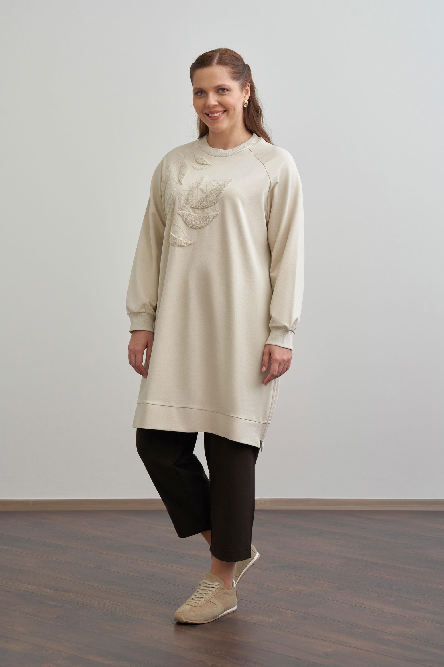 Taş-Büyük Beden Pamuklu Yaprak Desenli Tunik