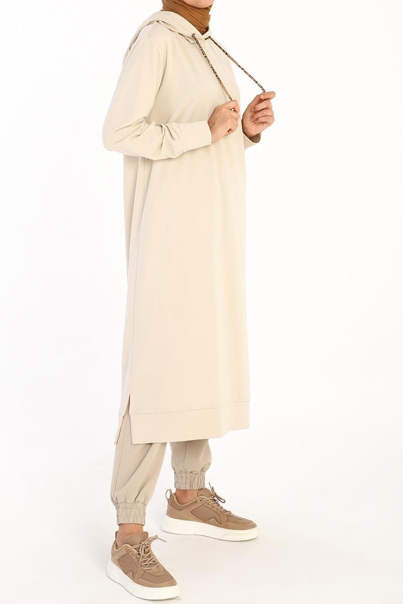 Taş-Leopar Bağcıklı Kapüşonlu Rahat Tunik