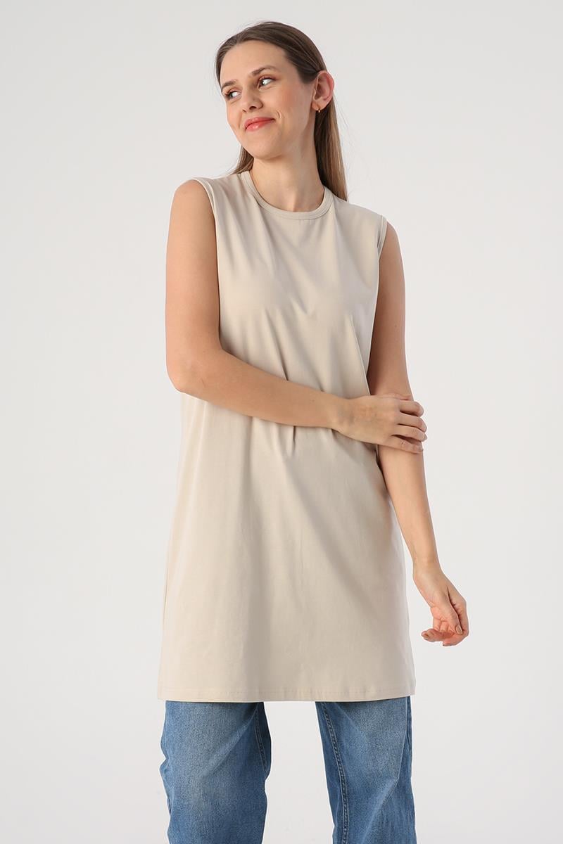 Stone-Cotton Collar Piping Sleeveless Tunic
