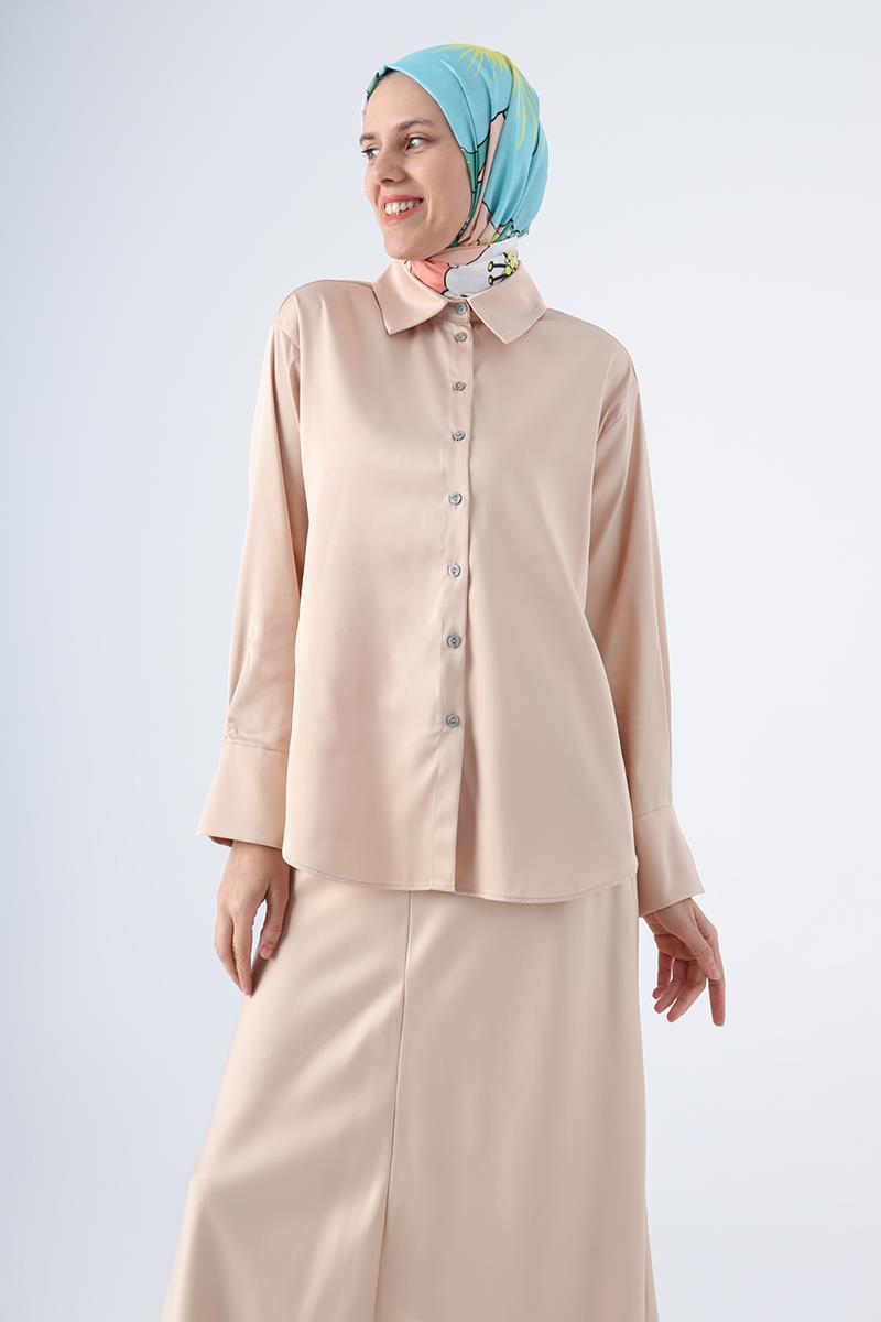 Stone-Long Sleeve Satin Shirt