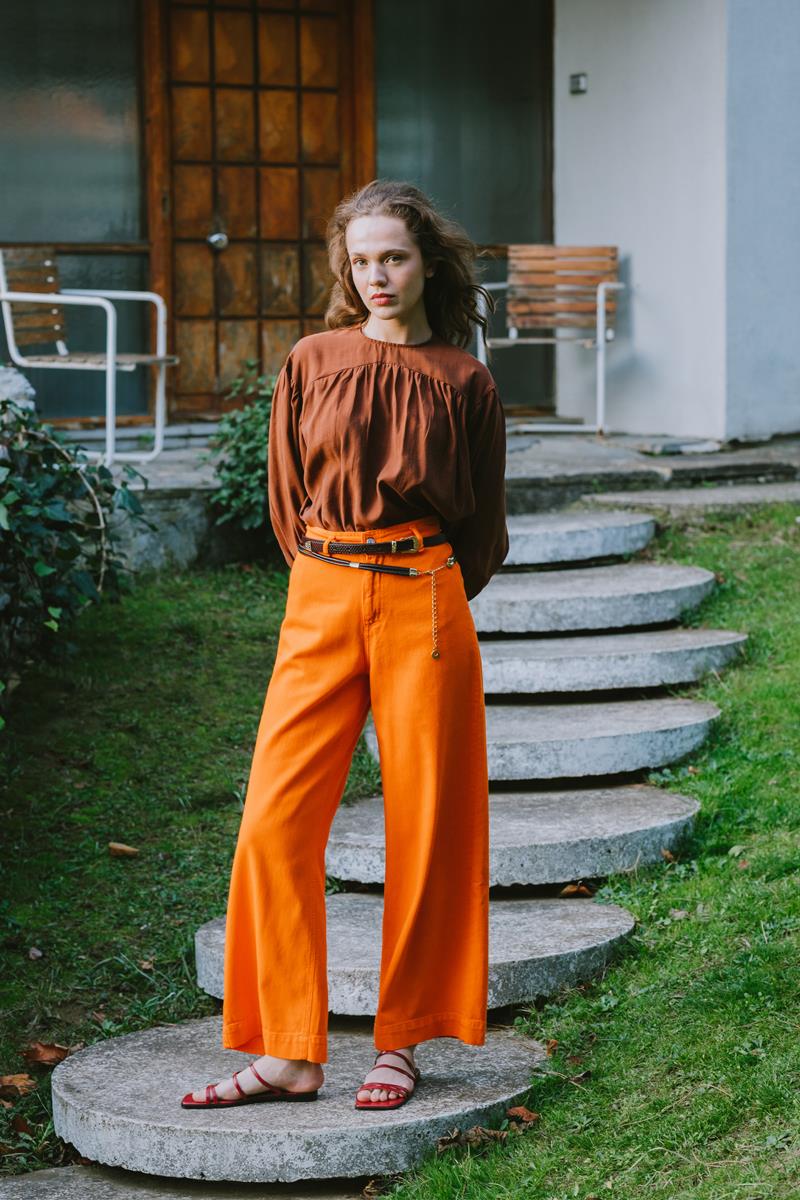 Orange-100% Cotton High Waist Wide Leg Trousers
